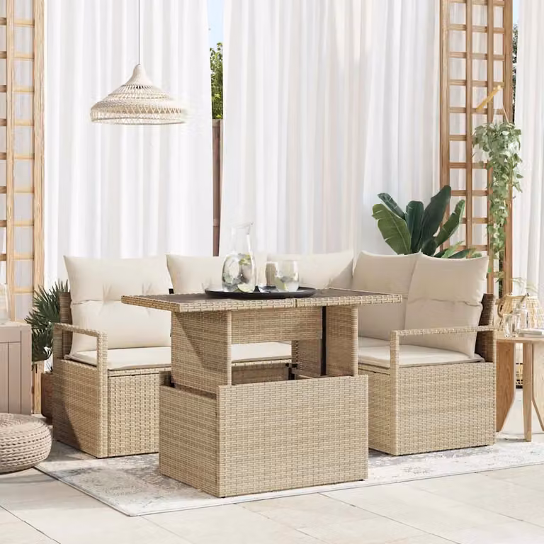 Set Divano da Giardino 5 Pezzi vidaXL in Poly Rattan Beige con Tavolino e Cuscini