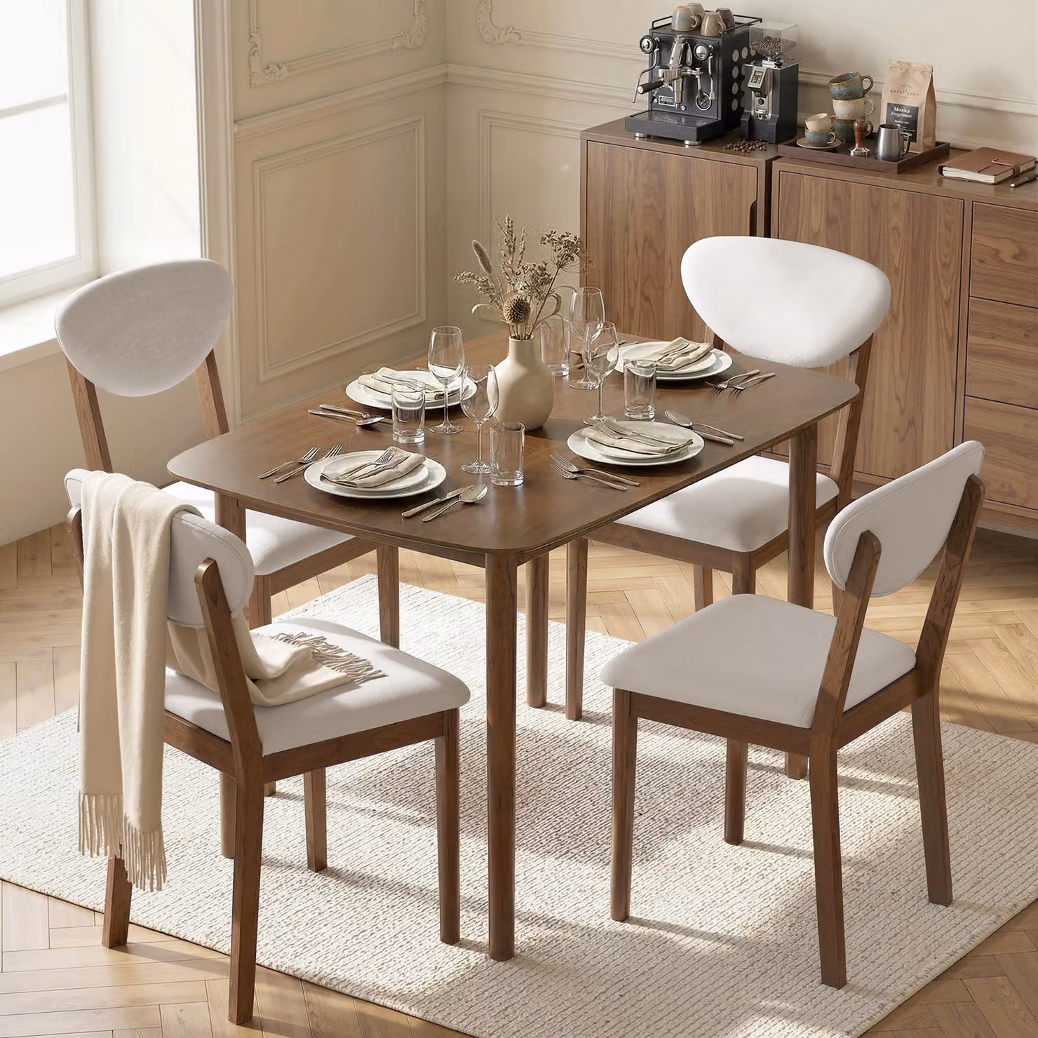 Set tavolo da pranzo HOMCOM con 4 sedie imbottite in stile mid-century, colore beige e legno – 2
