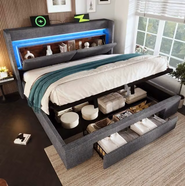 Letto imbottito ULEVR 160x200 cm con contenitore idraulico, LED, USB e USB-C, testiera in lino grigio, materasso incluso