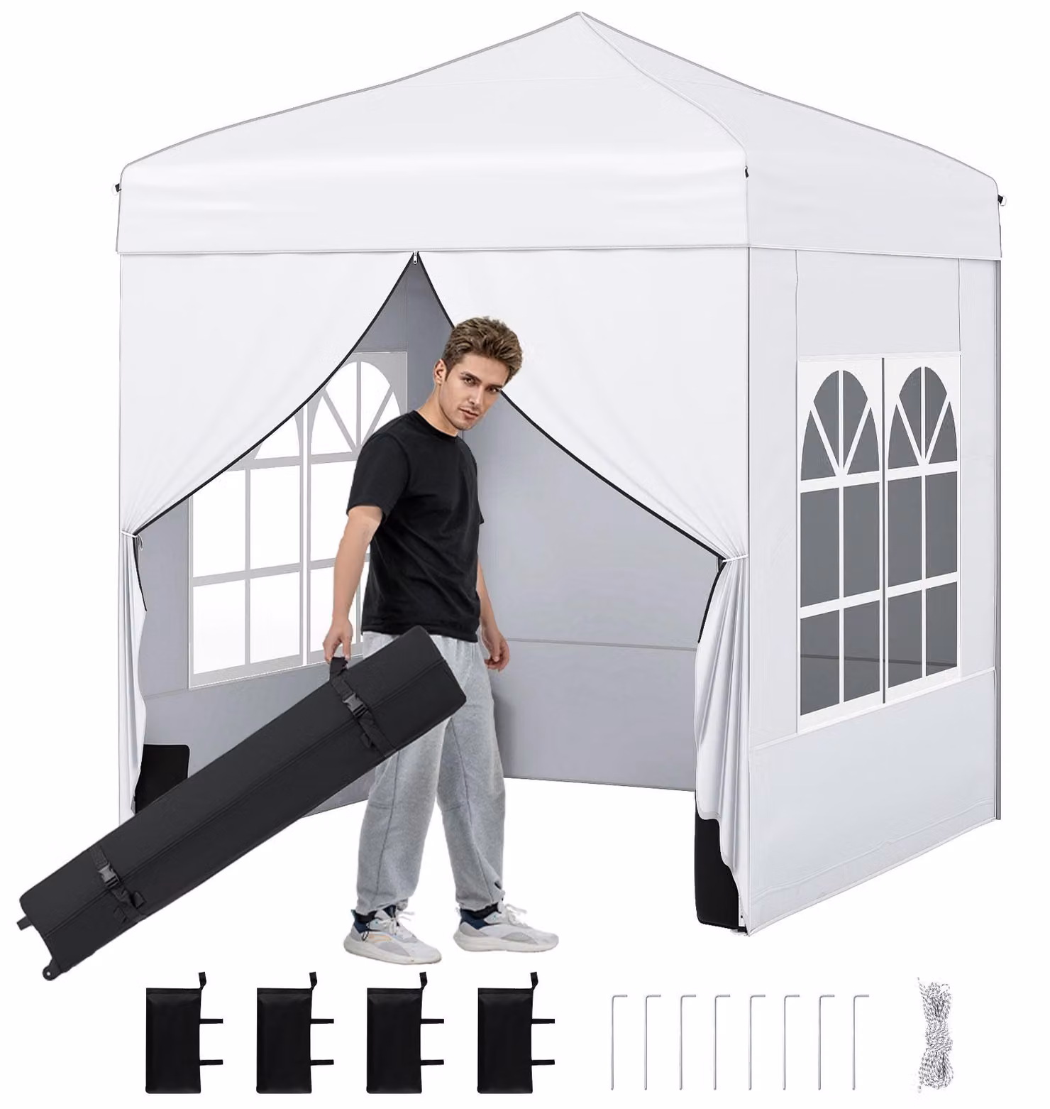 Gazebo pieghevole COSTWAY 2x2 m, gazebo da giardino con pareti laterali rimovibili, struttura in metallo, finestre, 4 sacchi di sabbia e borsa con rotelle, gazebo pieghevole bianco