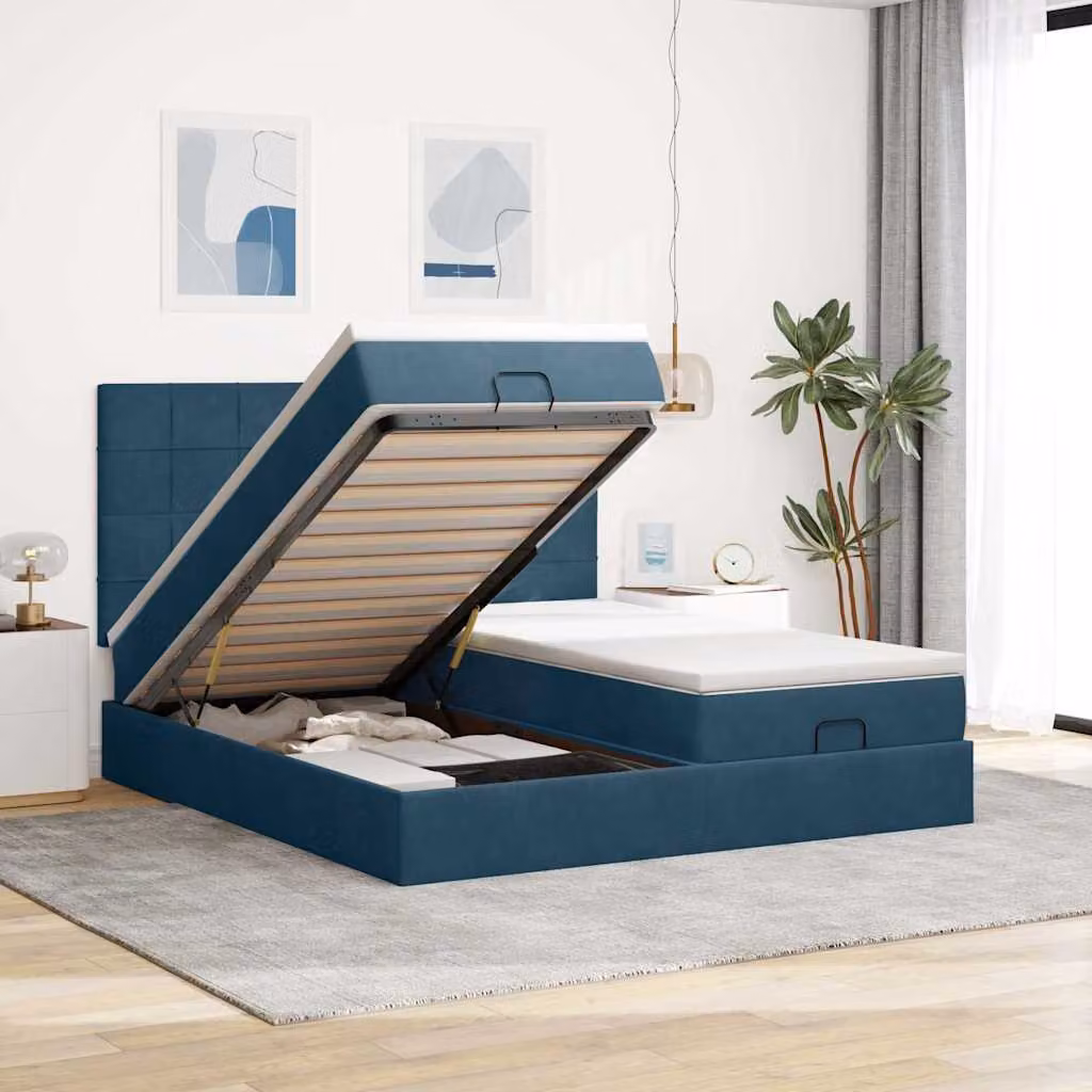 Letto con contenitore a sollevamento vidaXL in velluto blu e bianco con materasso, L: 200 cm, P: 160 cm, H: 128 cm