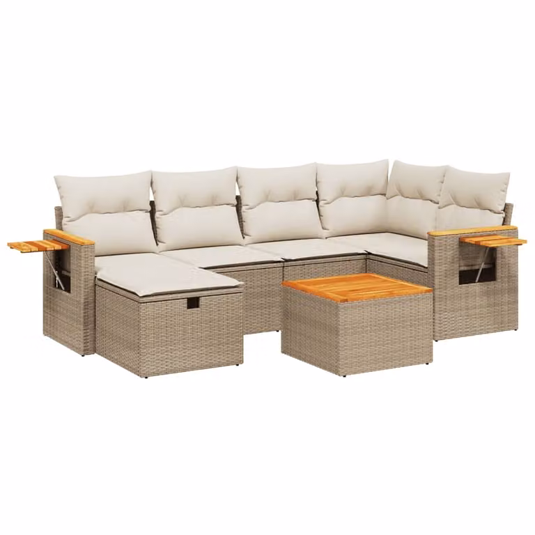 Set Divani da Giardino 7 pz con Cuscini Beige in Polyrattan