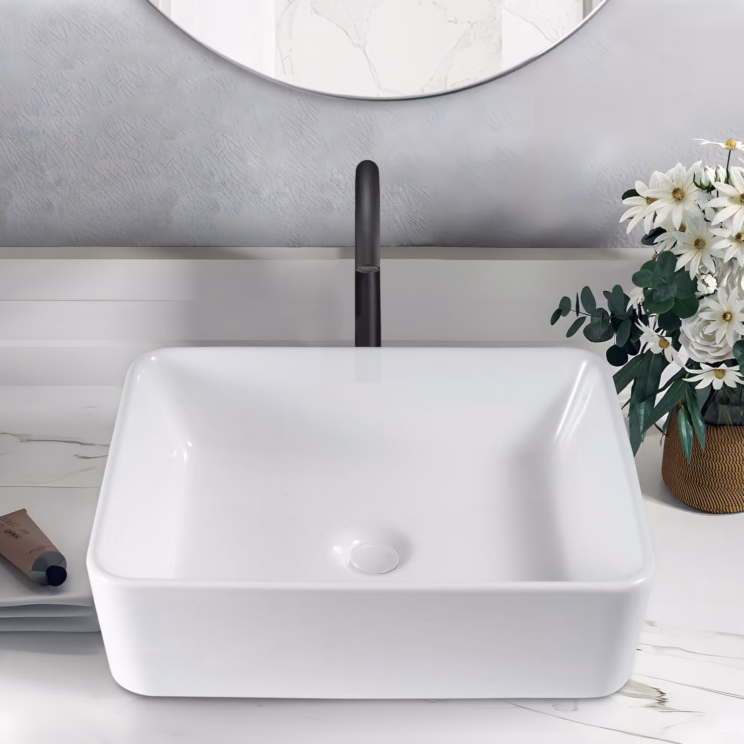 ZMH lavabo in Vetroceramica lavabo sospeso rettangolare 48 × 37 × 13,5 cm lavabo sospeso con foro per rubinetto lavabo da appoggio per bagno lavabo per toilette ospiti