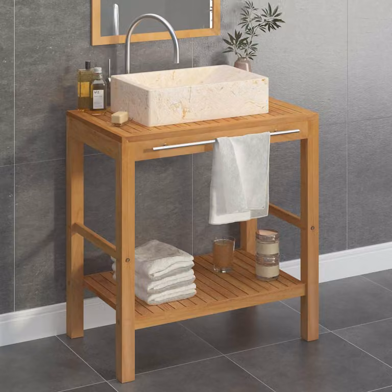 vidaXL Armadietto da Bagno Moderno in Legno di Teak con Lavabo in Marmo Beige e Marrone