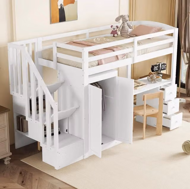Letto a soppalco ULEVR 90x200 cm con scrivania, armadio, 3 cassetti e scala contenitore, bianco