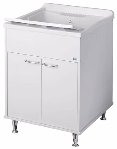 Negrari Rugiada 9047 Lavatoio Bianco 60x60 H85 cm Mobile in PVC Resistente All’Acqua 2 Ante Battente Vasca Asse Lavaggio Polipropilene Piedi Fornito Montato Lavanderia Interno Esterno Ambienti Umidi
