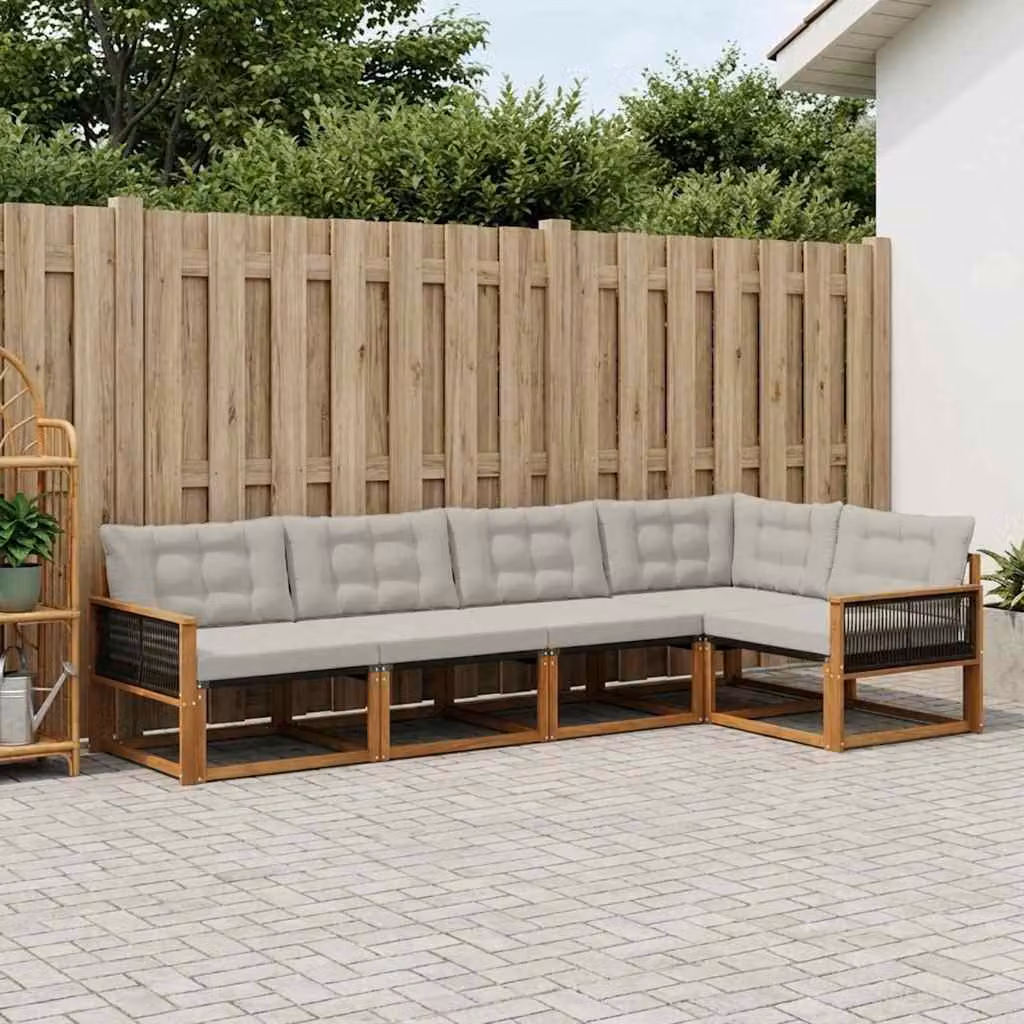 Set di divani da esterno vidaXL a forma di L in legno di acacia con cuscini beige e grigi