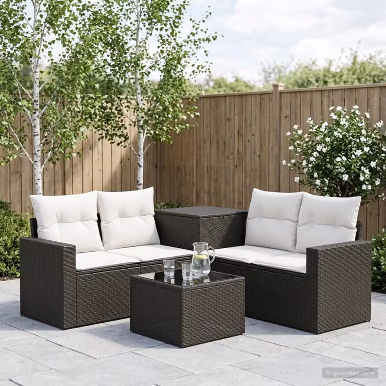 Set di divani da giardino vidaXL in polyrattan nero e bianco con cuscini e tavolino da caffè