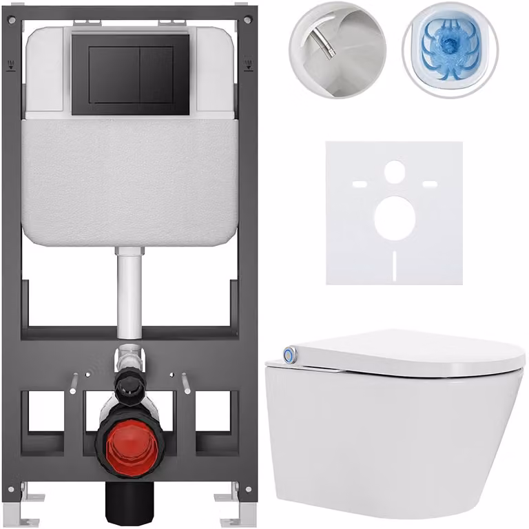 WC sospeso con bidet Cronus Standard - bianco lucido - pulsante Prime/Maxio, nero - freestanding - installazione a parete/con pannelli in cartongesso - 59,3x38,4 cm