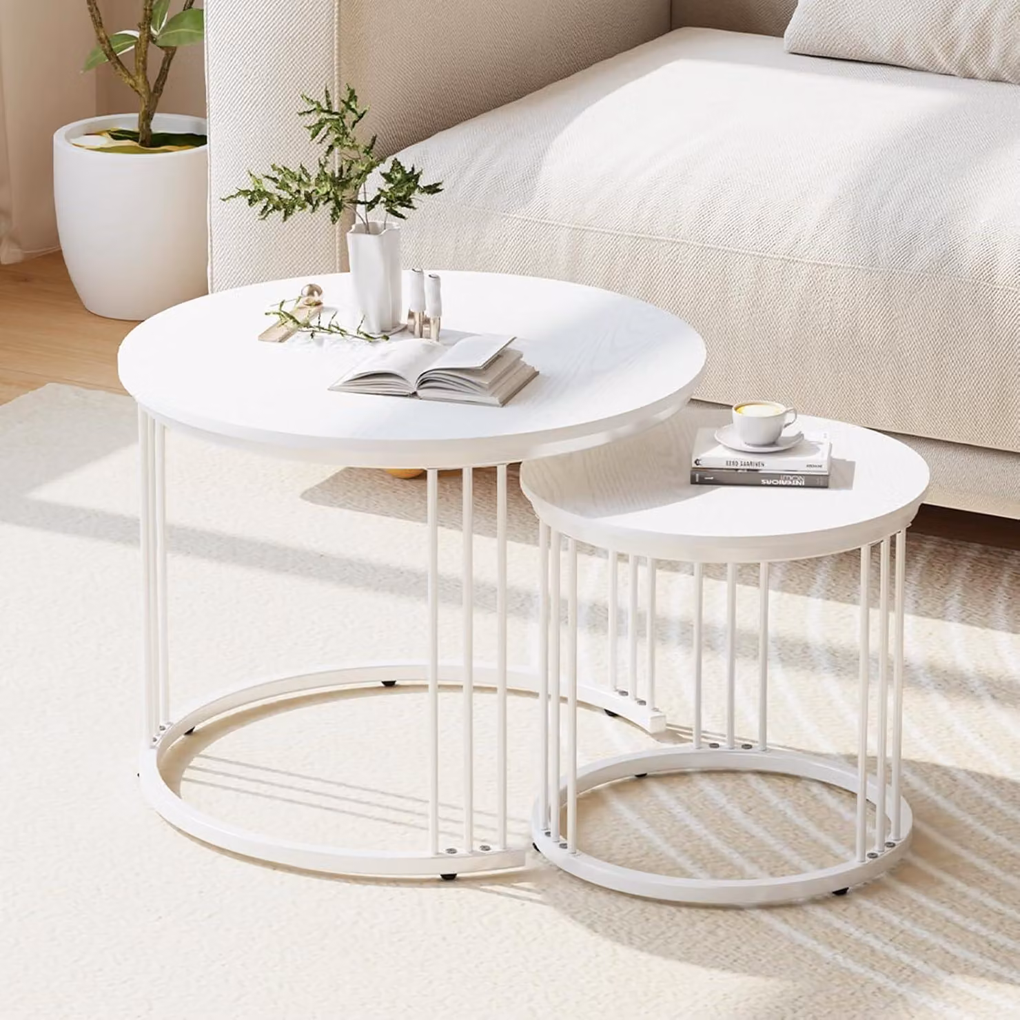 Tavolino rotondo, set da 2, tavolino da soggiorno, legno, bianco