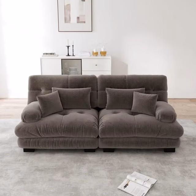 Divano modulare a 2 posti MIVRAY in tessuto marrone con struttura in legno e cuscini decorativi, L: 220 cm, P: 81 cm, H: 77 cm