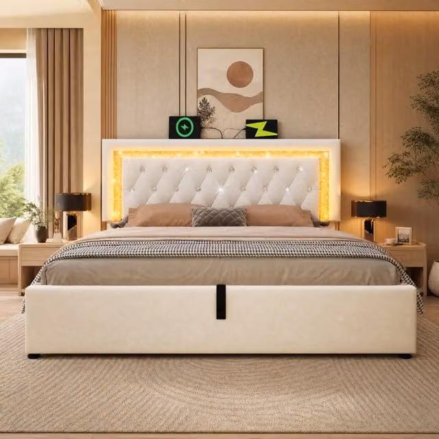 Letto matrimoniale imbottito ULEVR 160x200 cm con contenitore idraulico, LED, USB e USB-C, velluto beige