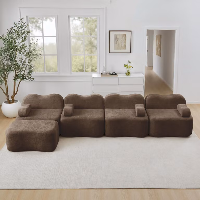 Divano angolare a quattro posti, modello "boneless", con poggiapiedi, imbottitura in schiuma 32D, design a onde, cuscini per braccioli removibili (marrone)