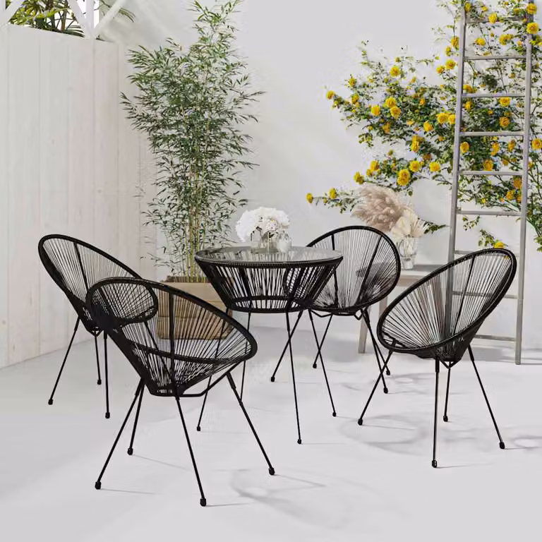Set da pranzo da giardino vidaXL in 5 pezzi con tavolo rotondo in vetro e sedie in polyrattan nero