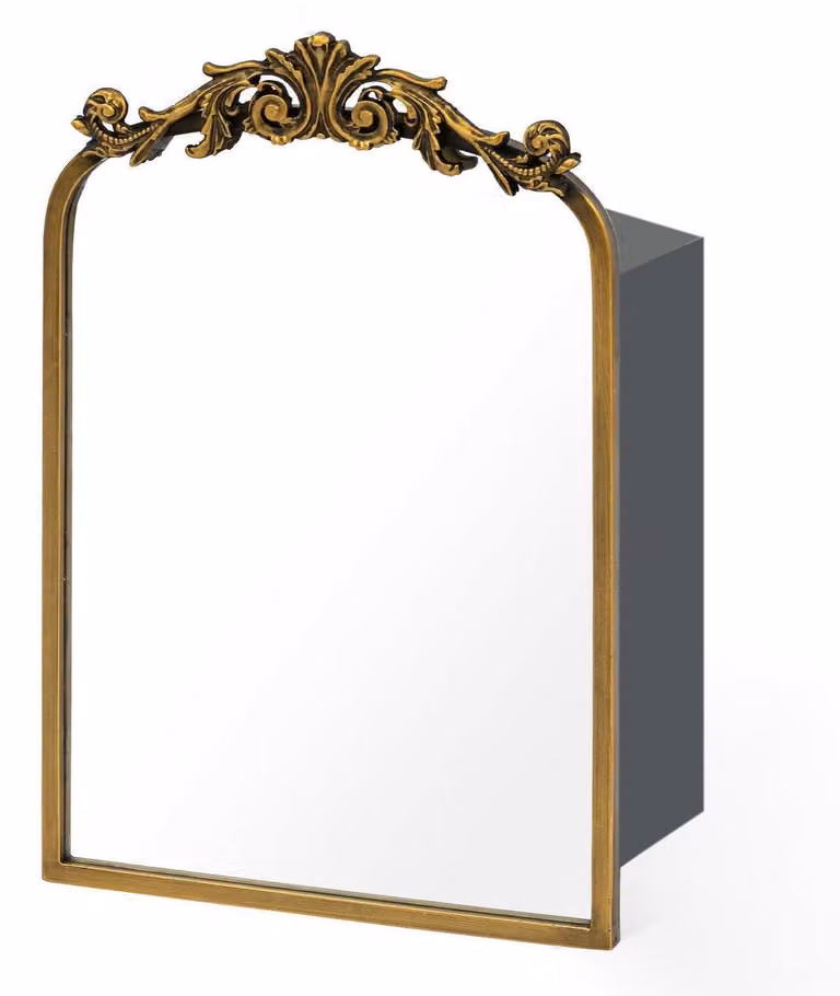 Mobiletto da bagno con specchio, dimensioni 40x60 cm, con spazio contenitivo, finitura oro anticato, decorazioni floreali in resina