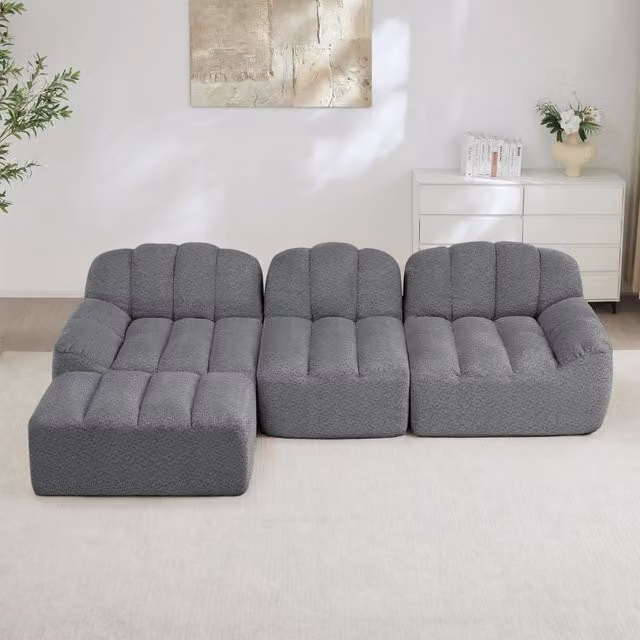 Divano angolare modulare 3 posti con pouf, schienale ergonomico e seduta ampia in fleece grigio 288 × 165 × 79 cm