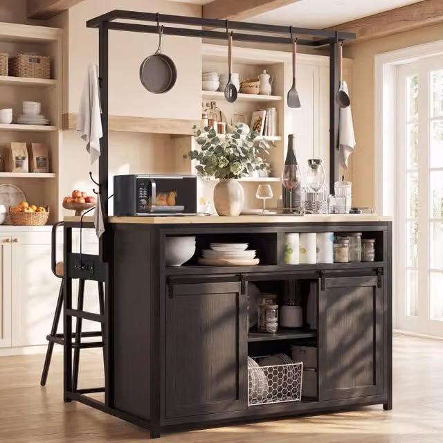 Set tavolo cucina e sedie con 1 isola e 2 sgabelli, presa elettrica e ripiani in MDF e metallo nero