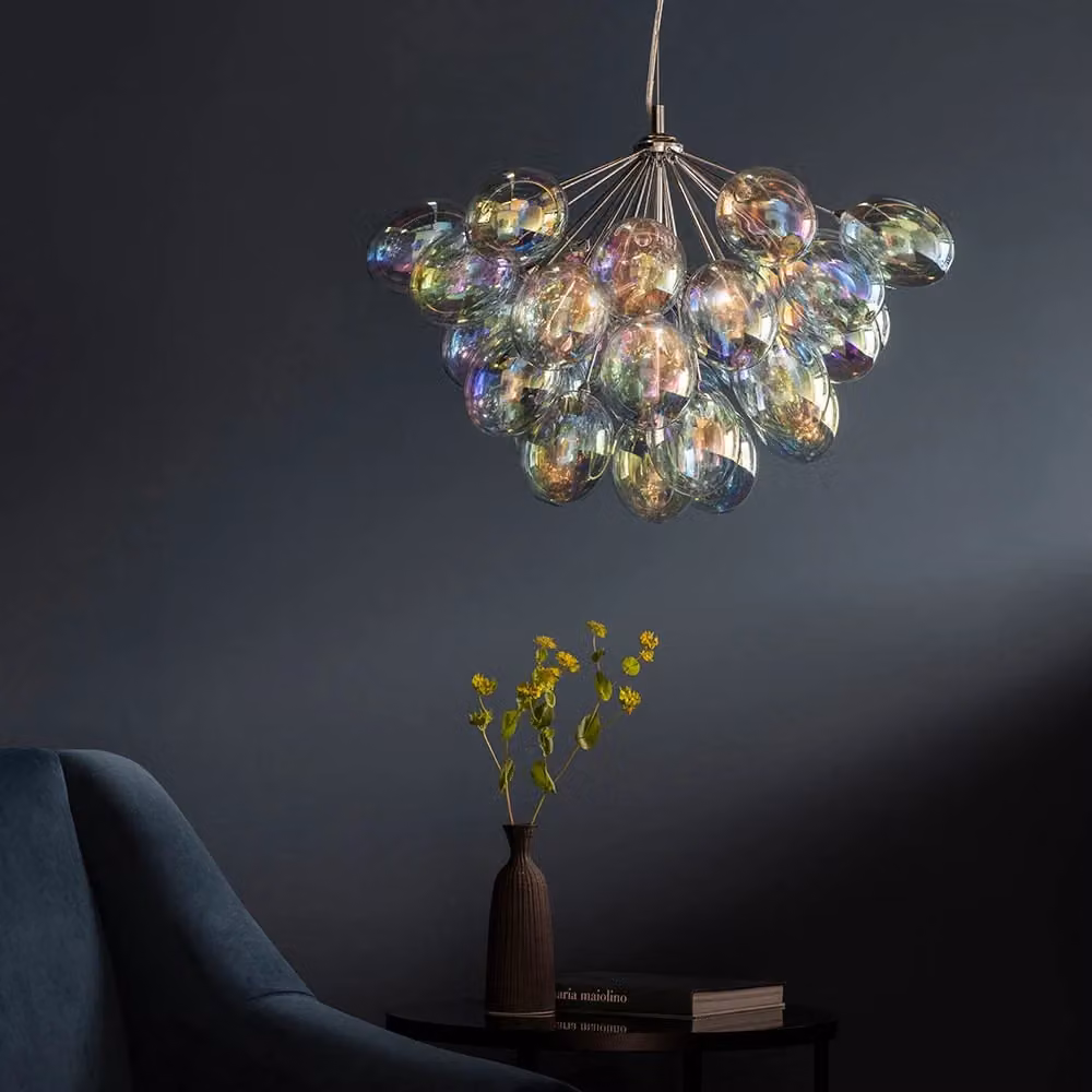 Lampadario a sospensione Infinity Endon cromato con sfere in vetro bianco opalescente, regolabile e dimmerabile, 6xG9 – 2