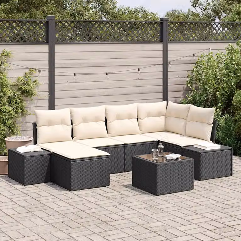 Set Divano da Giardino vidaXL 7 Pezzi Moderno in Polyrattan Nero e Beige con Tavolino e Ottoman