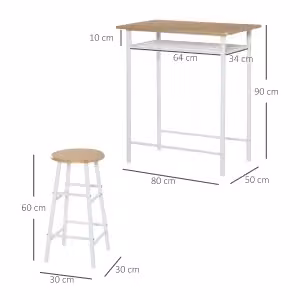 Set da bar OKWISH composto da tavolo rettangolare con ripiano portaoggetti e 2 sgabelli in stile industriale in MDF e metallo, colore bianco e rovere – 2