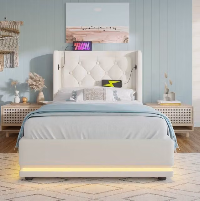 Letto imbottito 90x200 cm con contenitore idraulico, LED e USB-C in PU bianco