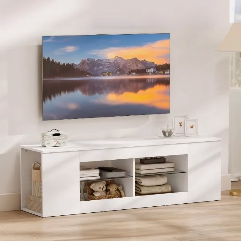 Mobile TV FOLYNA bianco con sei vani e due ripiani in vetro per televisori fino a 65 pollici L: 140 cm, P: 42,5 cm – 2
