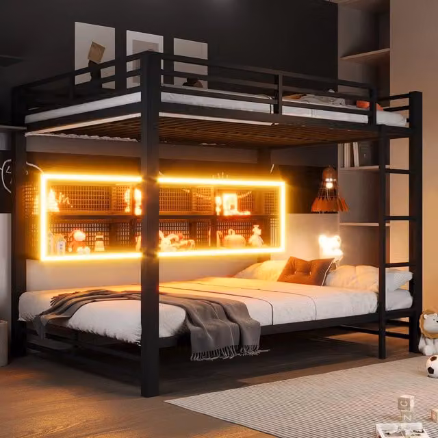 Letto a castello con contenitori e LED ¨C Minimal ¨C Nero 140x200cm