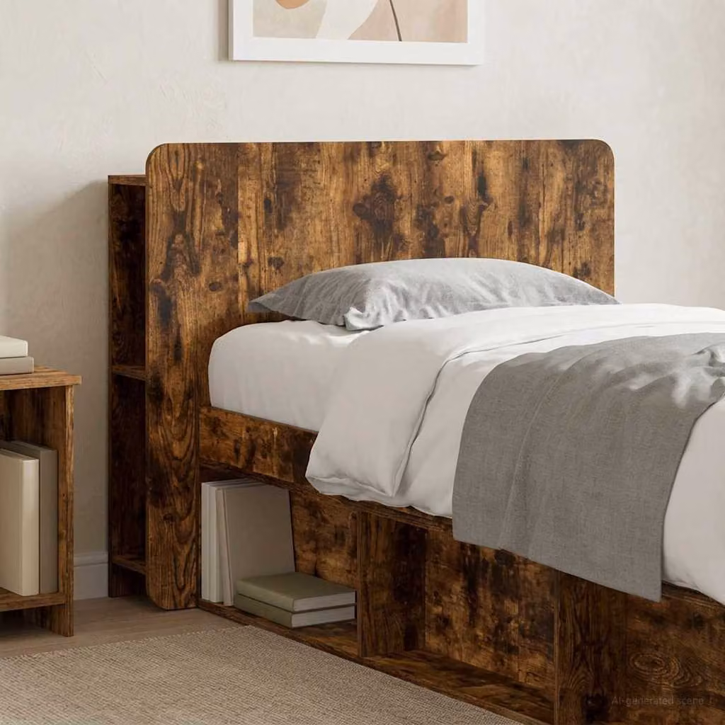 Testata del letto moderna vidaXL in legno ingegnerizzato Rovere Fumo con ripiano integrato e scomparti laterali, L: 119,5 cm, H: 80,0 cm, P: 18,5 cm