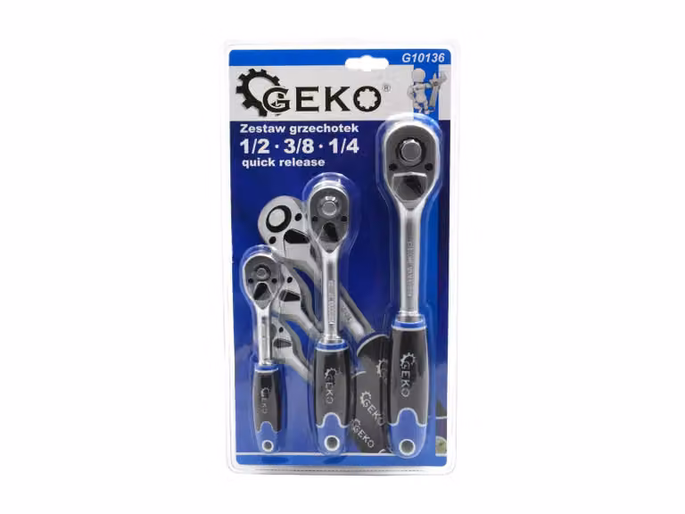 Cricchetto GEKO 1/2", 3/8", 1/4", set di 3 sganci rapidi G10136