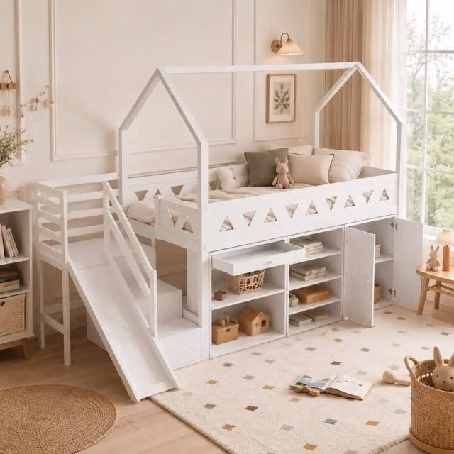 Letto per bambini multifunzionale 90 x 200 cm in legno massello con scivolo e scale, cassetti e vano chiuso, senza materasso - Bianco