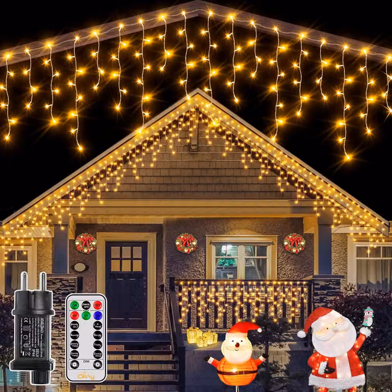 Catena luminosa effetto neve, 12 metri, 504 LED, luce bianco caldo, grado di protezione IP44, con telecomando