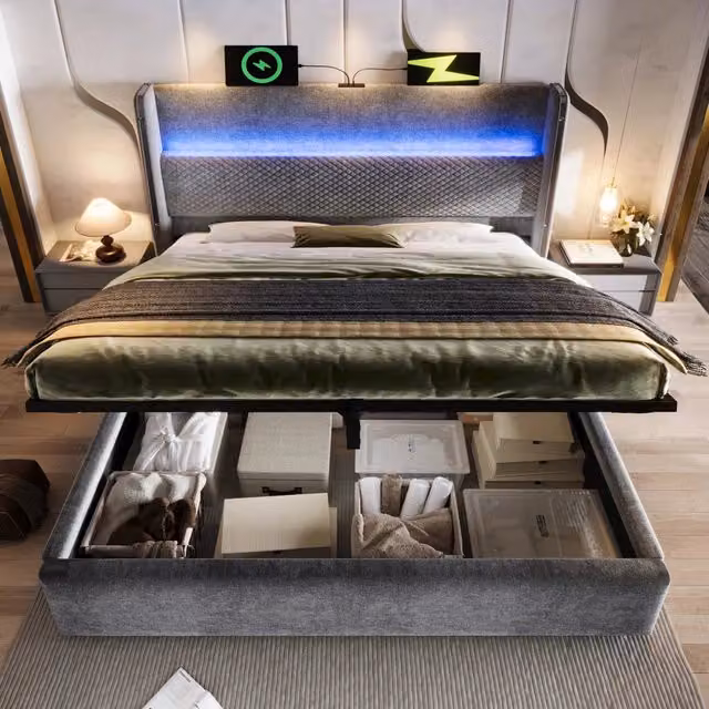 Letto con contenitore Mivray in lino grigio con testiera alta dotata di illuminazione LED, porte USB e Type-C, L/P/H: 221 x 140 x 153 cm – 1