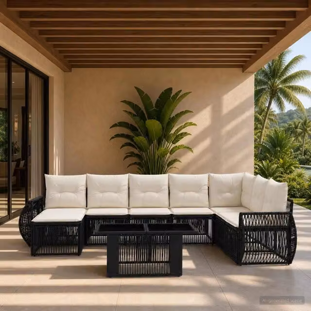 Set Divano da Giardino 9 pz Nero e Bianco Crema polyrattan 3436987