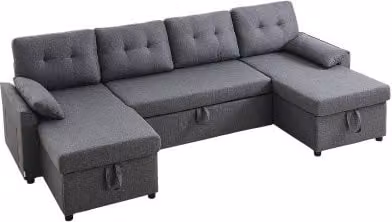 Divano Letto a Forma di U VEVOR Grigio con Struttura in Metallo e Rivestimento in Lino, Completo di 2 Cuscini e 2 Tasche Laterali, L: 287,0 cm, P: 145,0 cm, H: 91,0 cm