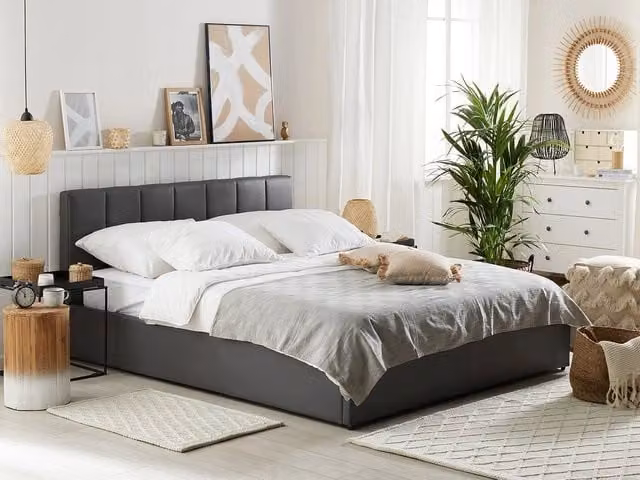 Letto contenitore Beliani in ecopelle grigia con base a sollevamento e testiera imbottita L/P: 180 x 200 cm – 1