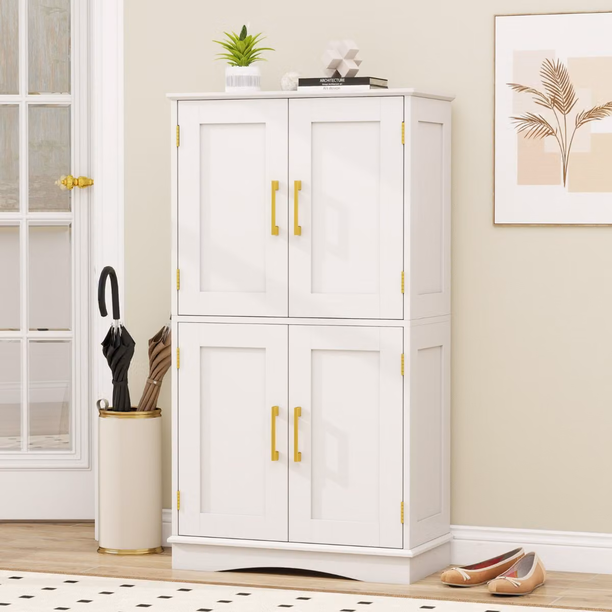 Armadio portaoggetti Costway bianco con 4 ante e ripiani interni, credenza moderna per bagno, cucina o soggiorno