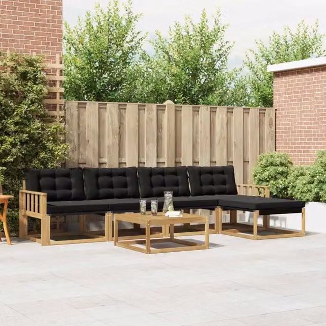Set di mobili da giardino vidaXL composto da divano a 3 posti, pouf, tavolino da caffè e sedute in legno di acacia con cuscini bianchi e neri in textilene