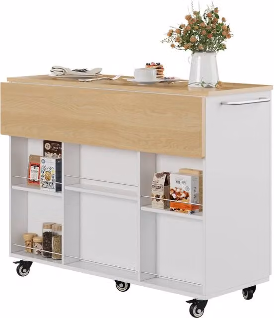 Isola cucina con ruote e piano pieghevole in MDF bianco effetto rovere 136,5 x 67,5 x 92,8 cm