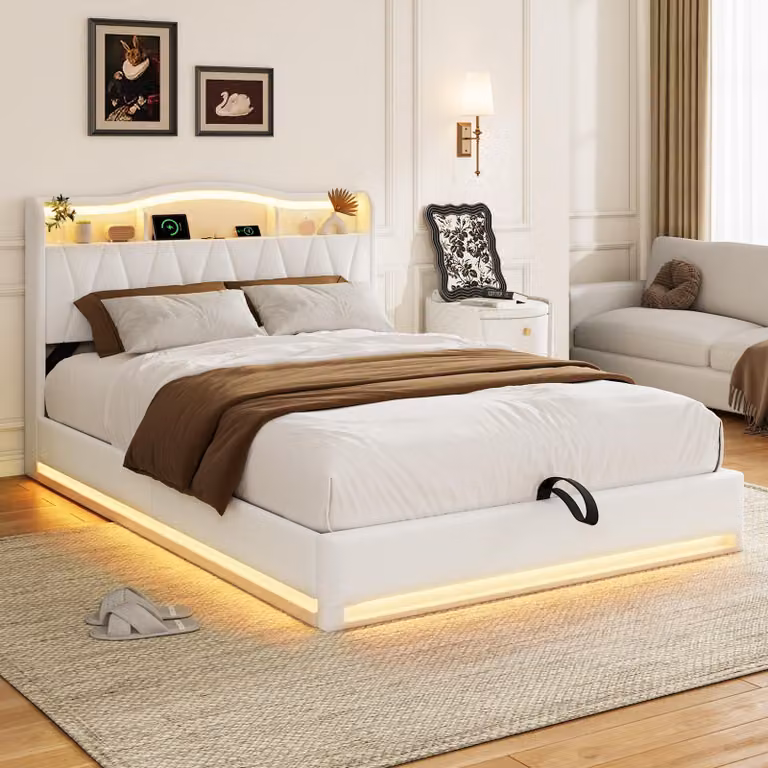 Letto imbottito REMZETTA, 140x200 cm, beige, con LED, USB e porta Type-C, testiera contenitore e contenitore a cassetti
