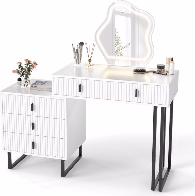 Tavolo da trucco COSTWAY Tavolo cosmetico con specchio a LED, 3 modalità di illuminazione, luminosità regolabile, 5 cassetti e mobiletto, tavolo da toilette 120x40x124cm