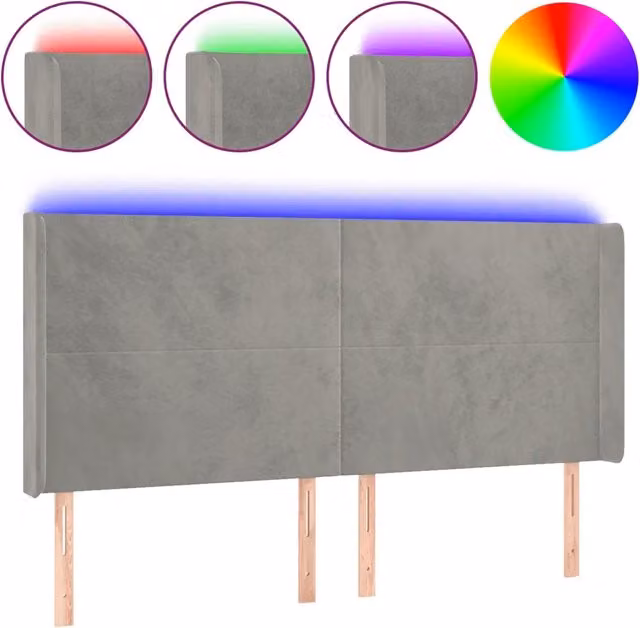 Testiera con illuminazione LED e porta di ricarica USB in velluto grigio chiaro, L/P/H: 163 x 16 x 118/128 cm
