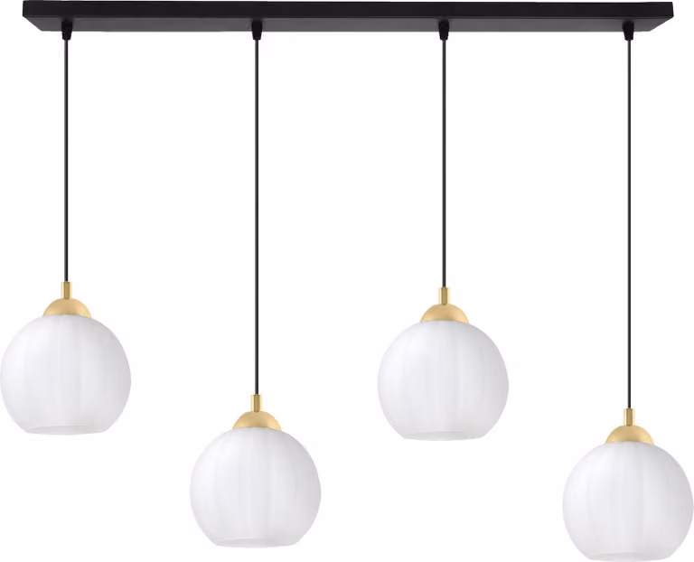 Lampada a sospensione Costa nera e oro a 4 luci con sfere bianche E27 – elegante lampada a sospensione per un'illuminazione interna di classe