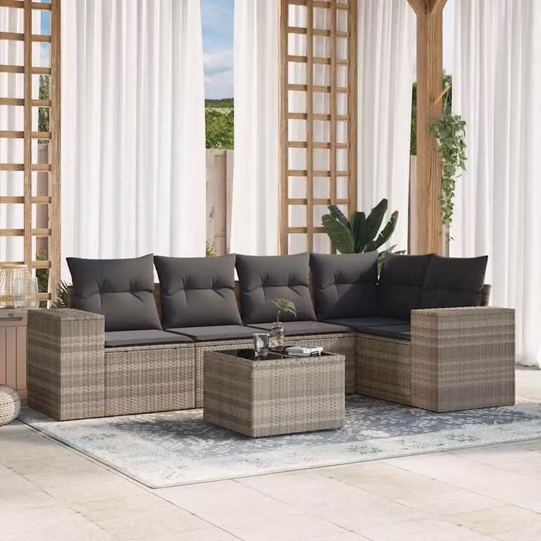 vidaXL Set Divano da Giardino a L in Polyrattan Grigio con Cuscini e Tavolino da Esterno