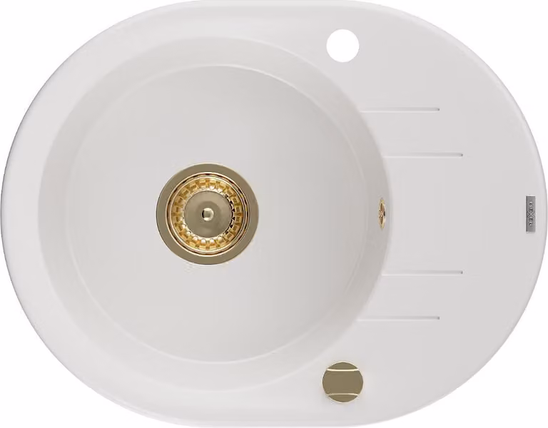 Mexen Kevin lavello in granito monovasca con sgocciolatoio 586 x 458 mm, bianco, sifone dorato - 6517581005-20-G