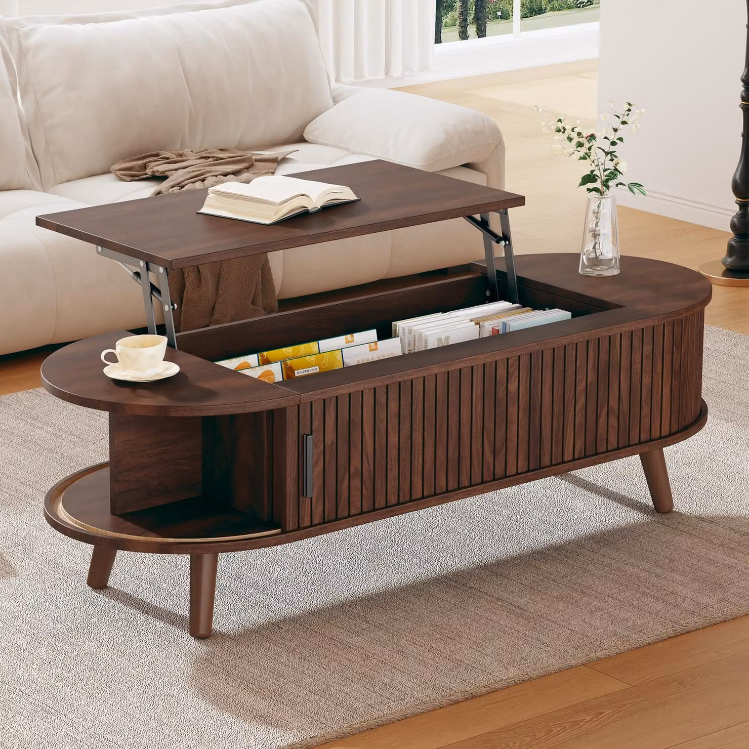 MODFU tavolino da salotto in materiale MDF, tavolino da caffè regolabile con spazio di archiviazione nascosto e 5 ripiani, noce