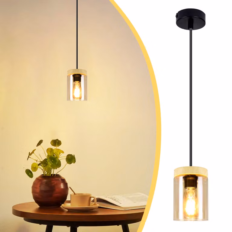 ZMH lampada a sospensione tavolo da pranzo in vetro nero 1 fiamma legno lampada a sospensione metallo vintage E27 per sala da pranzo cucina soggiorno camera da letto
