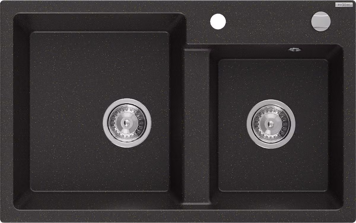 Mexen Tomas lavello in granito a 2 vasche 800 x 500 mm, nero/oro metallico, sifone cromato - 6516802000-75