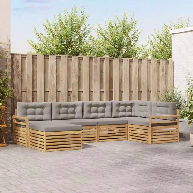 Set di divani da esterno a L con ottoman vidaXL in legno di acacia bianco e grigio – 1