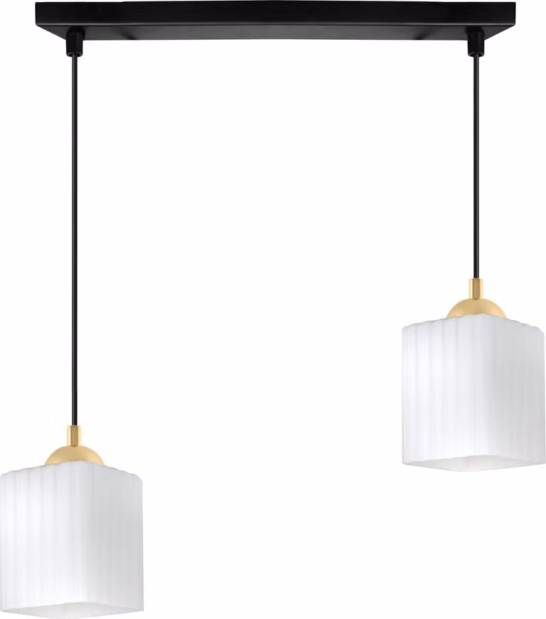 Lampada a sospensione Riffle nero-oro a 2 luci con diffusori a cubo bianchi E27 - elegante lampada a sospensione per interni moderni