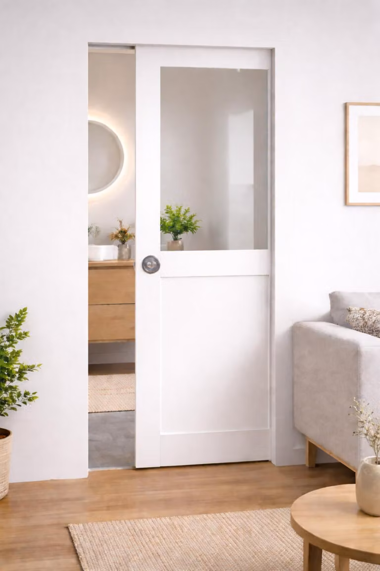 Porta scorrevole da officina bianca H204 x L83 cm senza traverso, con ferramenta Gd Menuserie